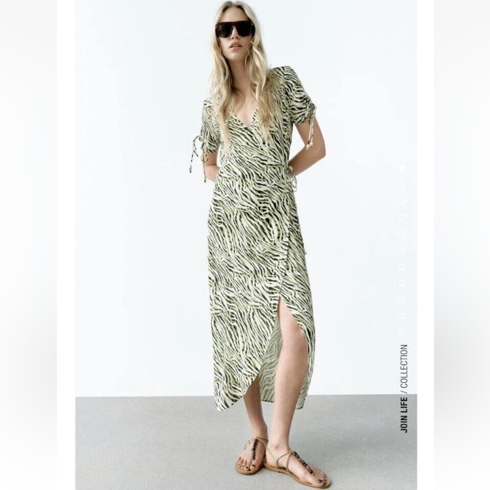 ZARA Animal Print Wrap Dress ECRU/KHAKI - Picture 3 of 13